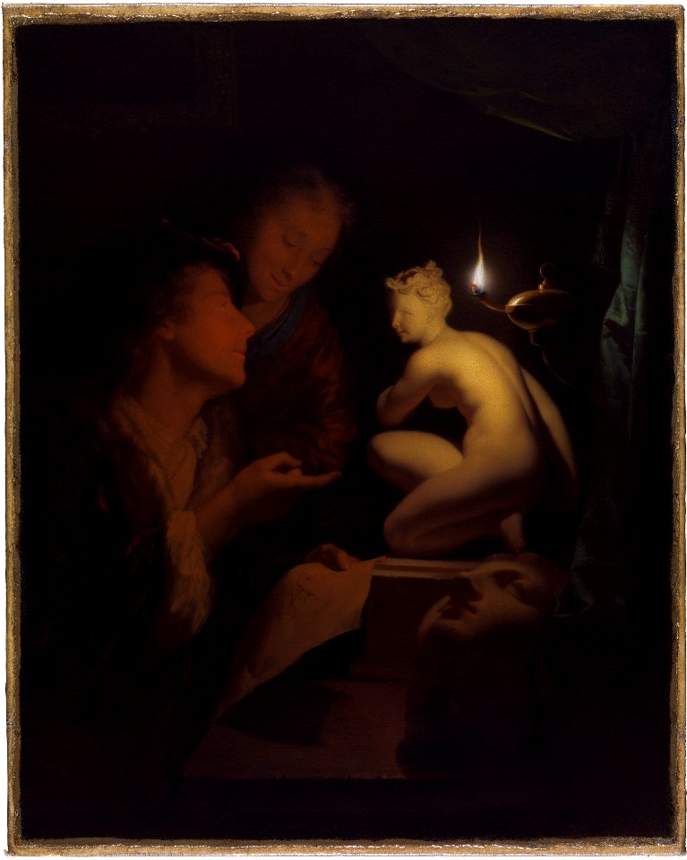 Young Man and Woman Studying a Statue of Venus, by Lamplight, Godefridus Schalcken, 1688-1692, oil on canvas, 43.8 by 34.9 cm, The Leiden Collection