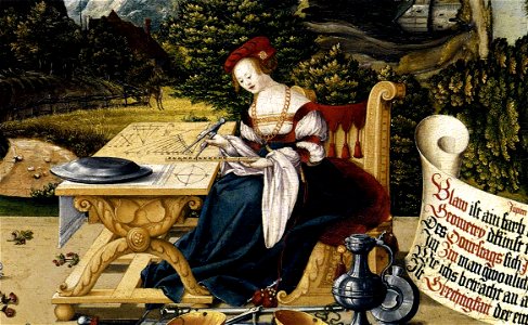 Schaffner, Martin - Painted tabletop for Erasmus Stedelin, detail woman at table - 1533. Free illustration for personal and commercial use.