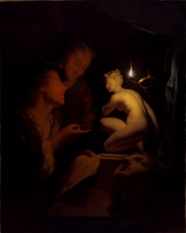 Godfried Schalcken - Young Man and Woman Studying a Statue of Venus, by Lamplight