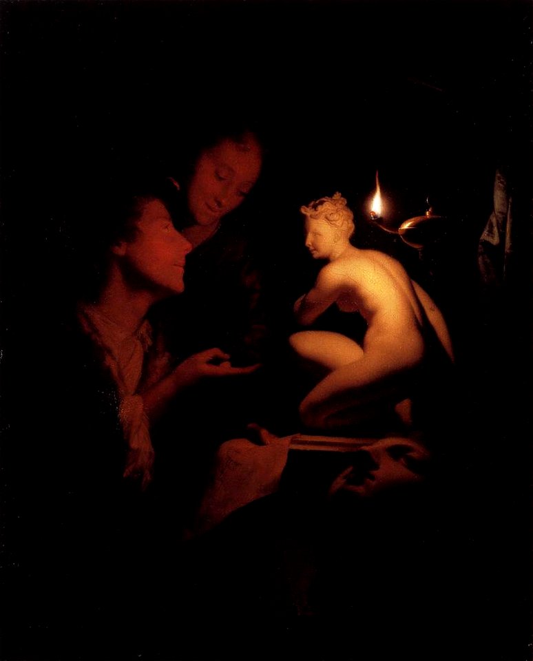 Godfried Schalcken - Artist and Model Looking at an Ancient Statue by Lamplight - WGA20946