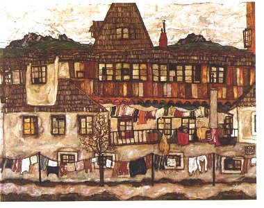 Schiele - Haus mit trocknender Wäsche. Free illustration for personal and commercial use.