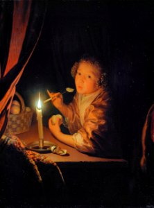Girl about to take a bite of a piece of apple, by Godefridus Schalcken