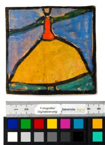 Schiele - Entwurf für eine Wanddekoration im Atelier Wattmanngasse (Frau mit ausgebreiteten Armen in gelbem Rock), 240450, 1918