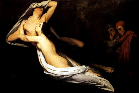 1835 Ary Scheffer - The Ghosts of Paolo and Francesca Appear to Dante and Virgil. Free illustration for personal and commercial use.