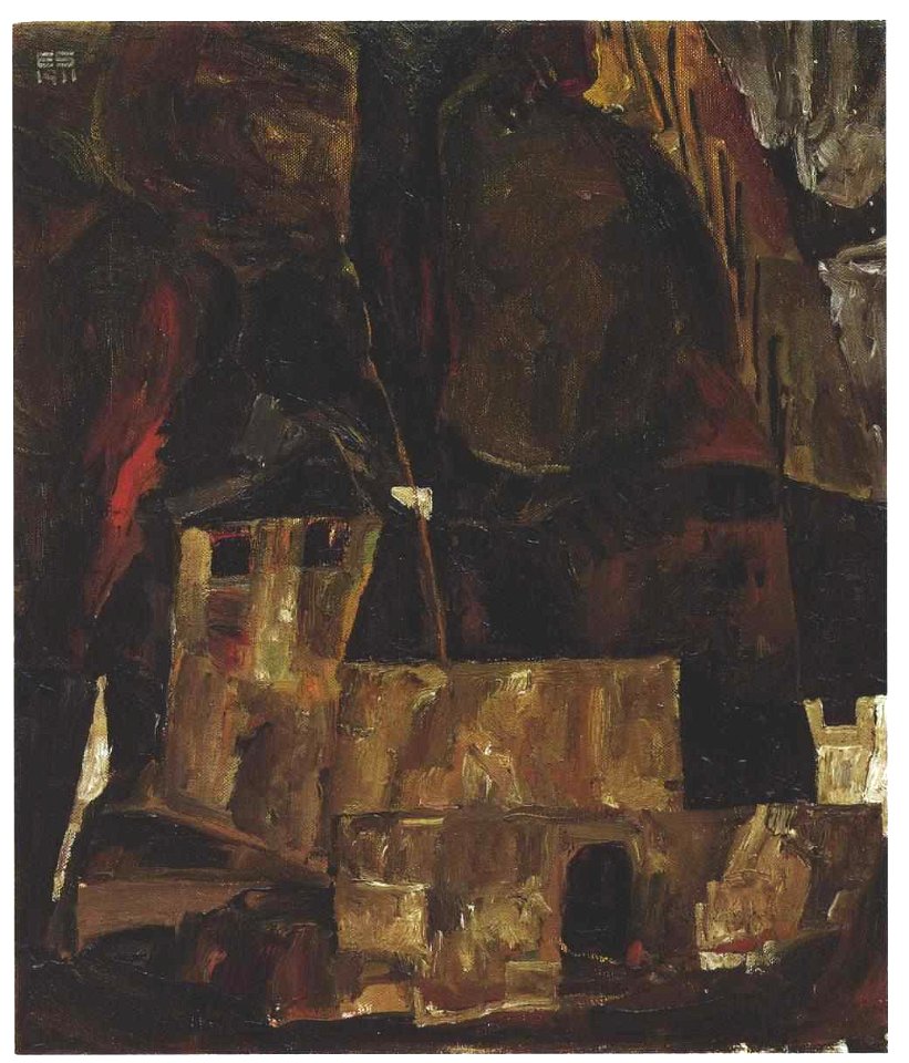 Schiele - Mauer und Haus vor hügeligem Gelände mit Zaun - 1911