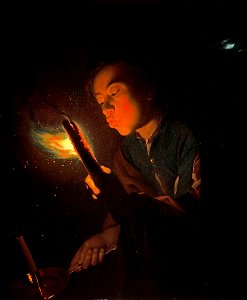 Godfried Schalcken - A Boy Blowing on a Firebrand to Light a Candle