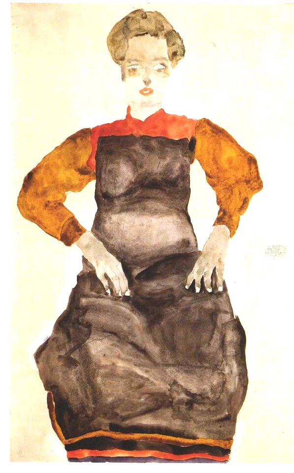 Schiele - Sitzendes Mädchen mit schwarzer Schürze - 1911