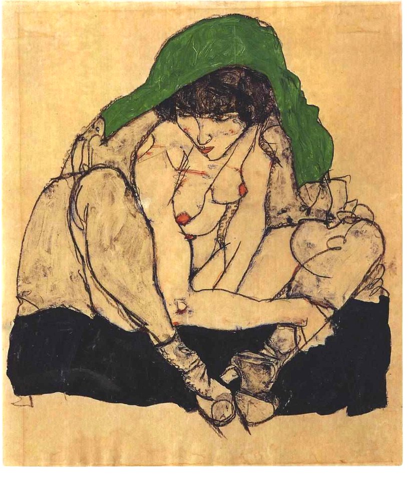 Schiele - Kauernde mit grünem Kopftuch