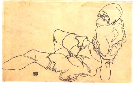 Schiele - Sich Aufstützende in Unterwäsche - 1917