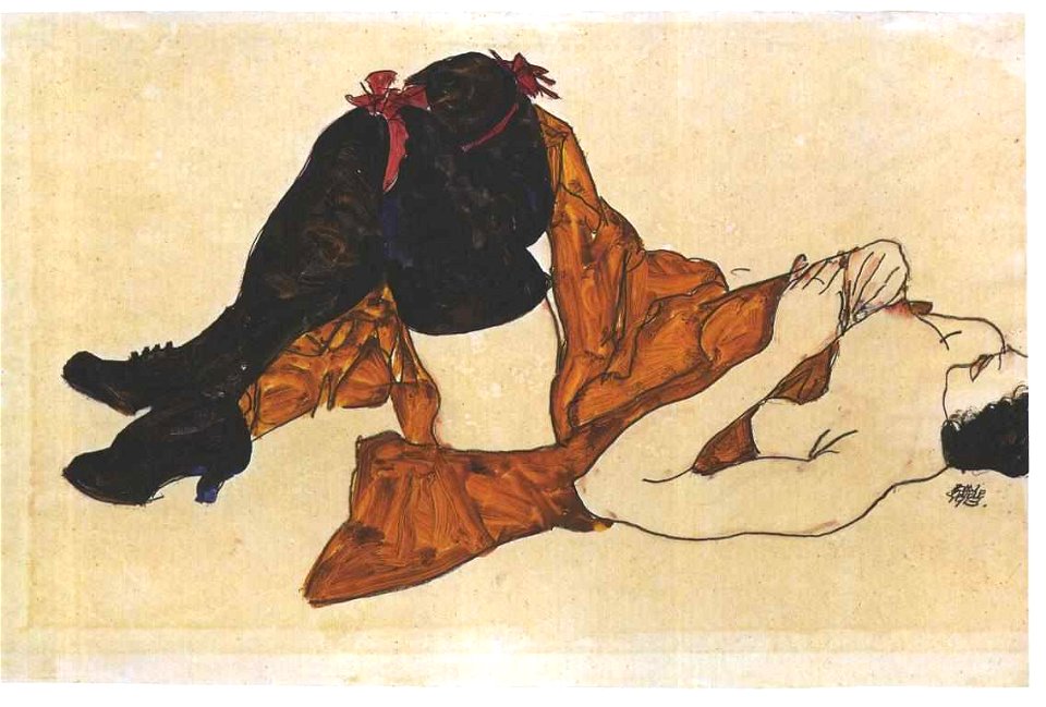 Schiele - Liegende mit ockerfarbenen Tuch - 1913