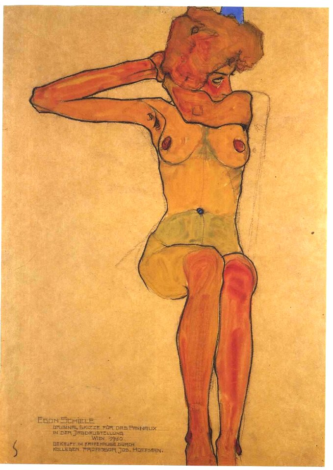 Schiele - Sitzender weiblicher Akt mit abgespreitzten rechten Arm - 1910