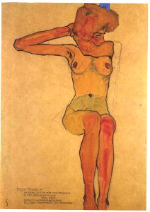 Schiele - Sitzender weiblicher Akt mit abgespreitzten rechten Arm - 1910