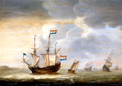 Schepen onder de kust - Ships on the coast (Jacob Gerritz. Loef, 1670). Free illustration for personal and commercial use.