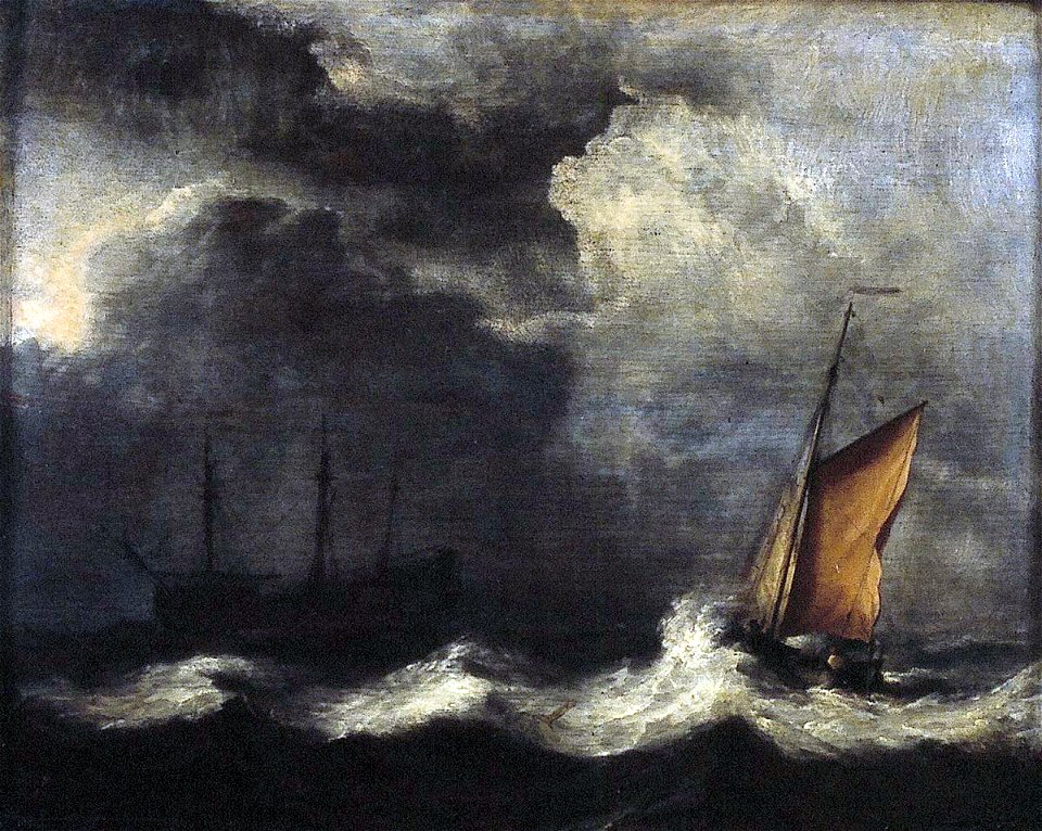 Schepen in een sterke wind onder een donkere lucht - Ships in a strong wind and under a dark sky (Willem van de Velde II)