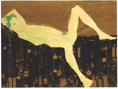 Schiele - Nackter Knabe auf gemusteter Decke liegend - 1908