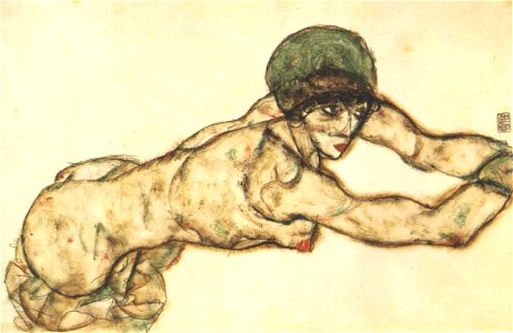 Schiele - Nach rechts liegender Frauenakt mit grüner Haube - 1914