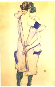 Schiele - Stehendes Mädchen mit blauem Kleid und grünen Strümpfen - 1913