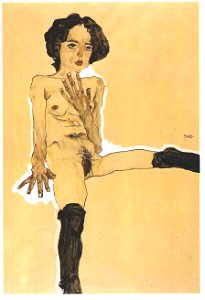 Schiele - Sitzender Mädchenakt mit schwarzen Strümpfen - 1910