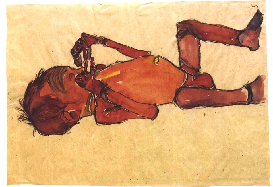 Schiele - Neugeborenes die Hände vor das Gesicht haltend