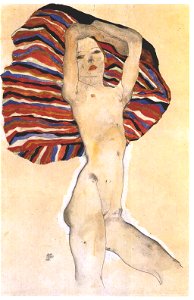 Schiele - Akt gegen farbigen Stoff - 1911