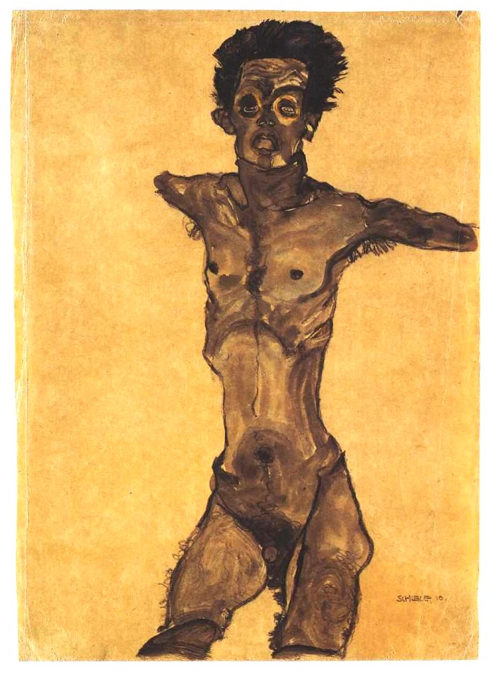 Schiele - Selbstakt in Grau mit offenem Mund - 1910