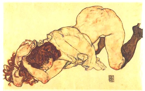 Schiele - Kniendes Mädchen auf beide Ellbogen gestützt - 1917