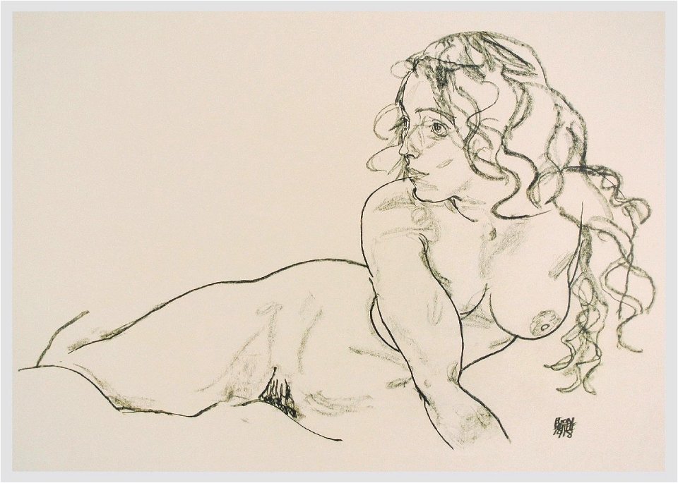 Schiele - Sich aufstützender weiblicher Akt mit langem Haar - 1918