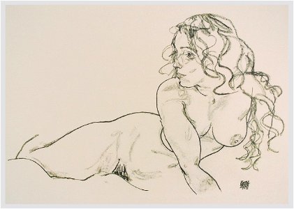 Schiele - Sich aufstützender weiblicher Akt mit langem Haar - 1918