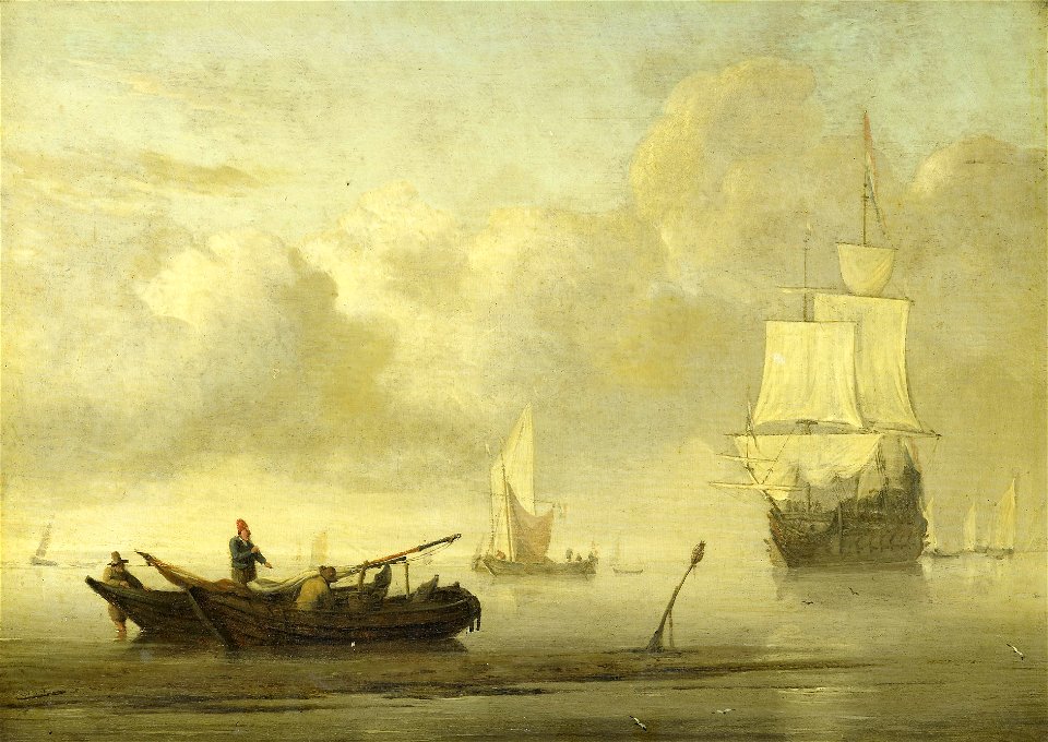 Schepen voor de kust tijdens windstilte Rijksmuseum SK-A-722