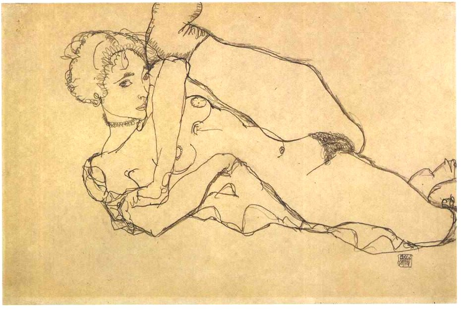 Schiele - Liegender Akt mit angezogenen linken Bein - 1914