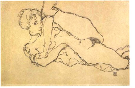 Schiele - Liegender Akt mit angezogenen linken Bein - 1914