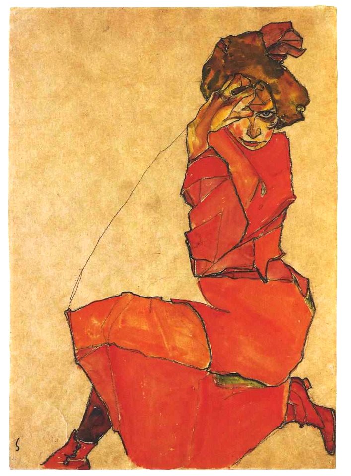 Schiele - Kniendes Mädchen in orangerotem Kleid