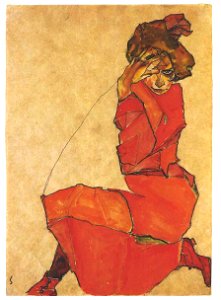 Schiele - Kniendes Mädchen in orangerotem Kleid