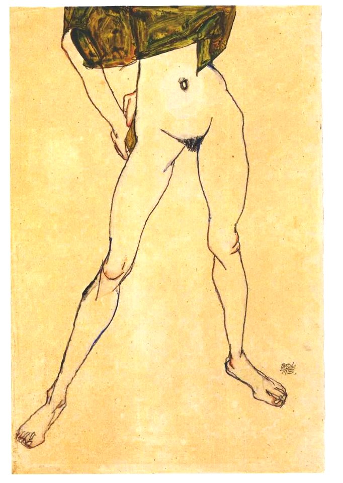 Schiele - Stehender weiblicher Torso mit olivgrünem Hemd - 1913