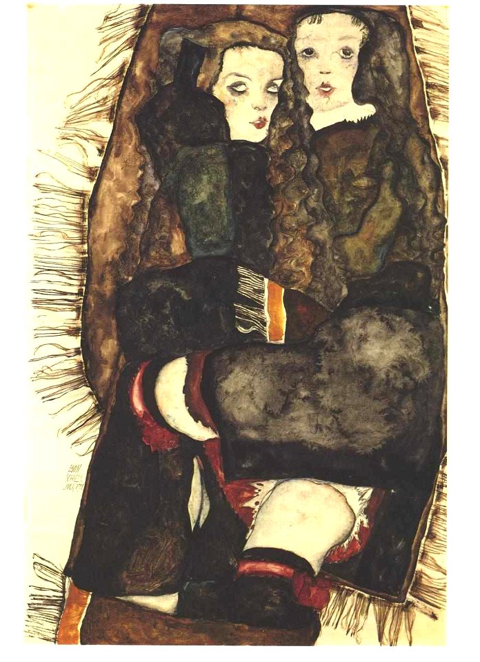 Schiele - Zwei Mädchen auf einer Fransendecke -1911