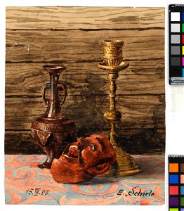 Schiele - Stillleben mit Kerzenleuchter, Vase und Maske, 304972, 1905