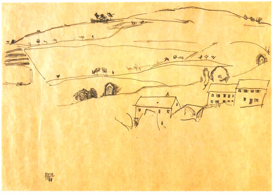 Schiele - Häuser vor Anhöhe mit Kreuzwegstationen