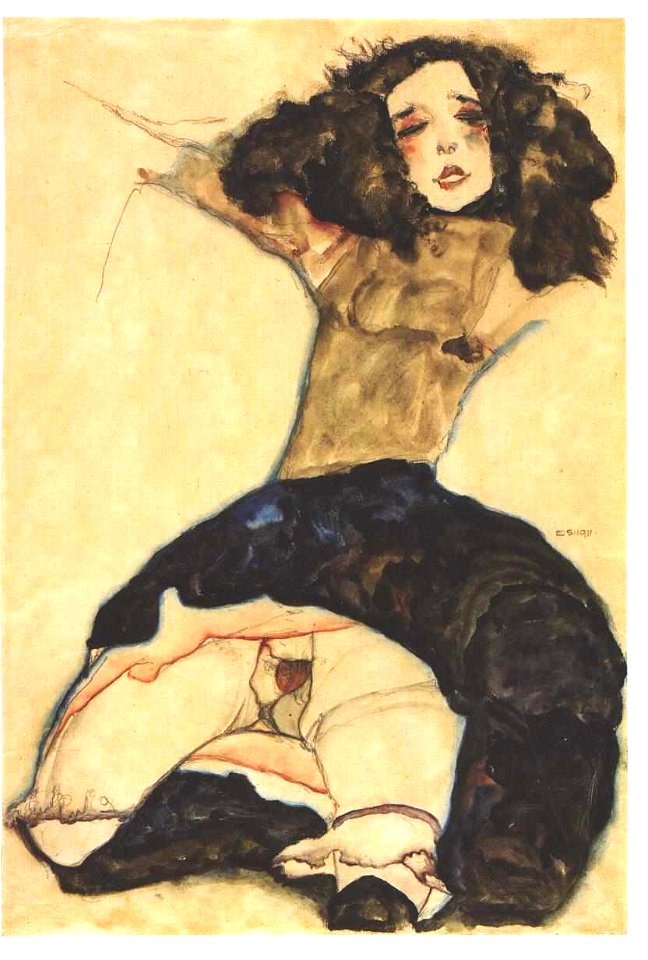 Schiele - Schwarzhaariges Mädchen mit hochgeschlagenem Rock 1911