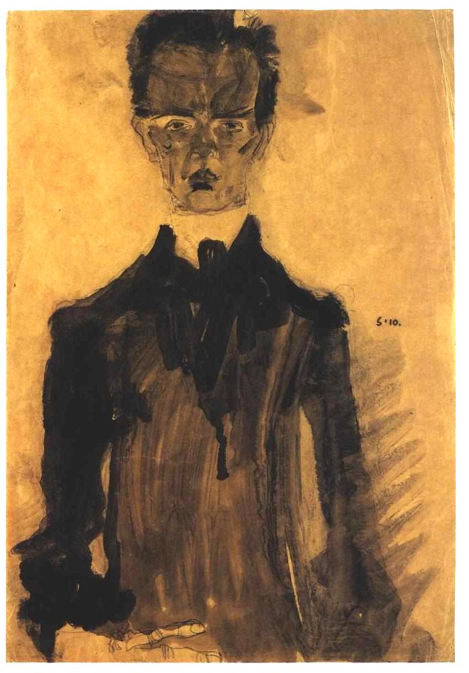 Schiele - Selbstbildnis in schwarzem Gewand - 1910