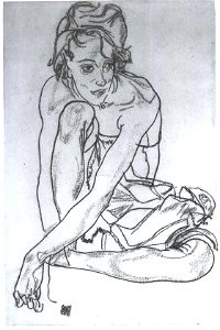 Schiele - Hockende den linken Arm vorgeschoben - 1918