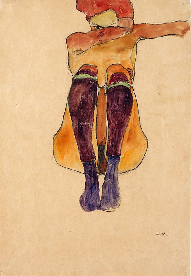 Schiele - Sitzender Akt mit lila Strümpfen - 1910