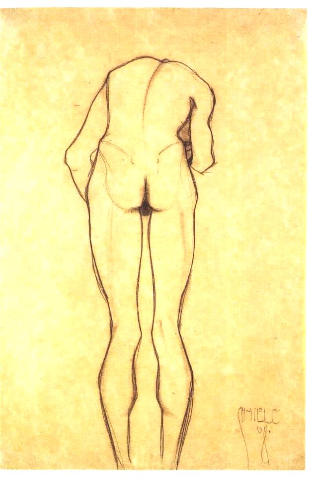 Schiele - Rückenansicht eines vorbeugenden Jünglingaktes 1908