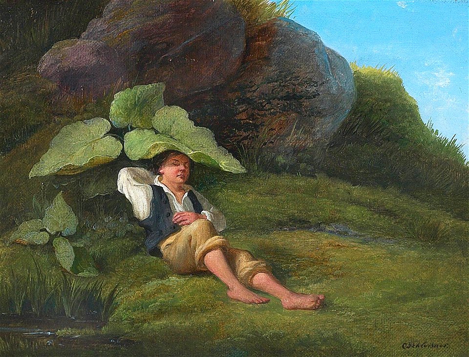 Christian Andreas Schleisner - Hvilende dreng ved sø i ly under skræppeblade