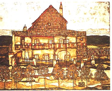 Schiele - Haus mit Holzdach - 1915. Free illustration for personal and commercial use.