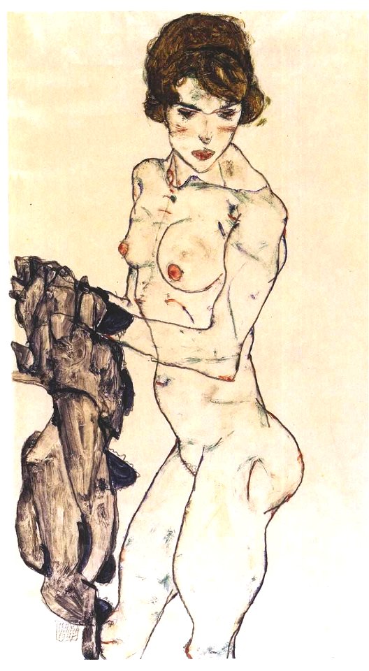 Schiele - Stehender weiblicher Akt mit blauem Tuch - 1914