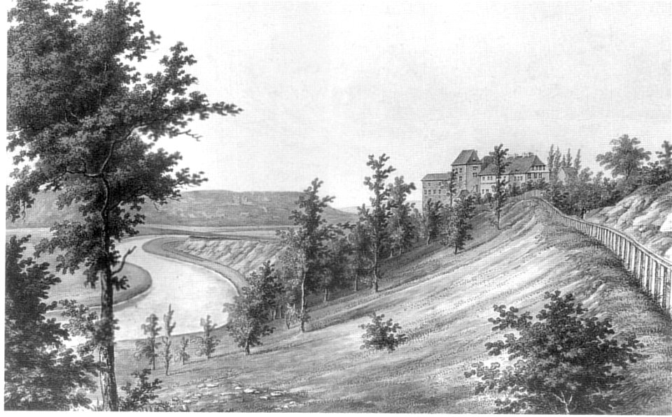 Schloss Fürstenberg mit Weser und Strasse um 1820