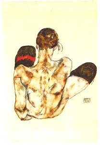 Schiele - Sitzender Rückenakt mit rotem Strumpfband - 1914