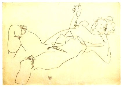 Schiele Liegende mit aufgestellten Beinen und erhobenen Händen - 1915