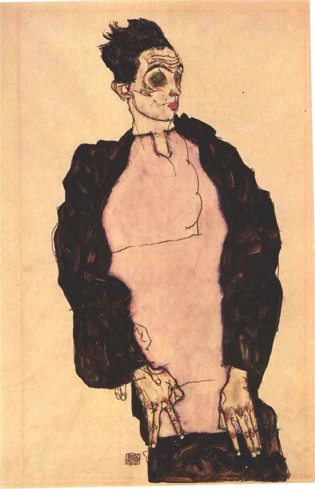 Schiele - Selbstporträt mit violettem Hemd - 1914