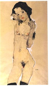 Schiele - Schwarzhaariger Mädchenakt stehend - 1910